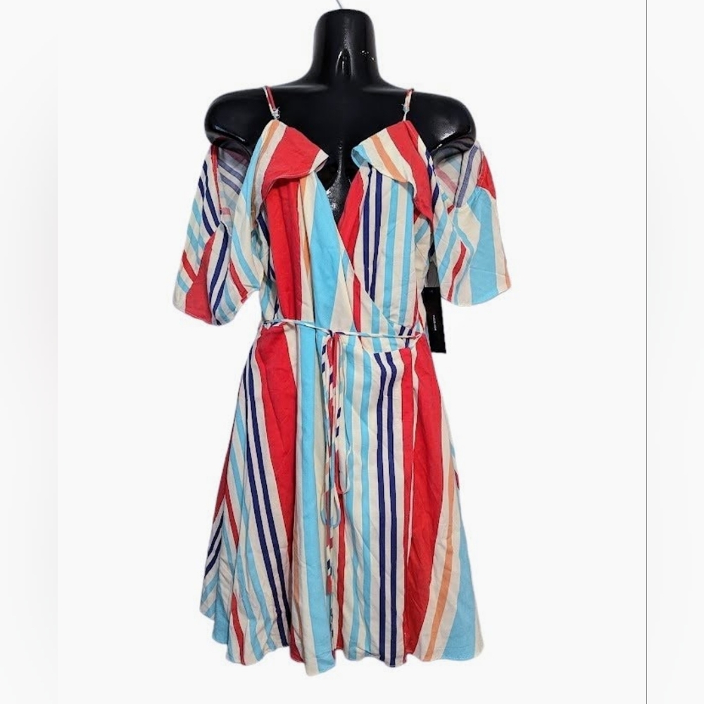 Lulu's Striped Wrap Around Dress NWT NEW Coral Blue White Orange Cutout Sleeves